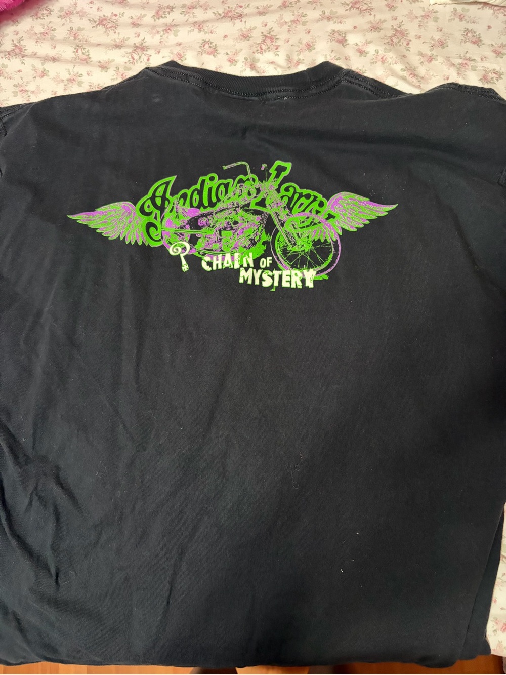 Black Graphic Tee with Green & Purple Motorcycle Print